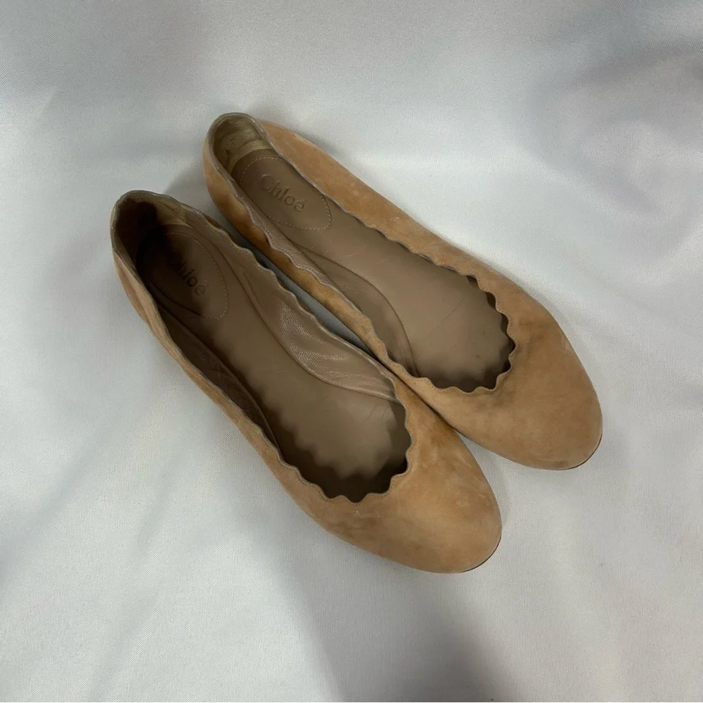 Chloé | Suede Nude Tan Flats Scalloped Women’s Size 39.5 - Picture 4 of 10